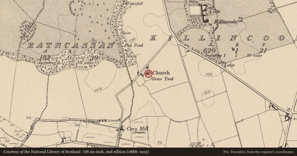 Ordnance Survey six-inch map, 2nd edition (1888–1915) covering the location of Church, Killincoole, County Louth, with a pin at the register's coordinates