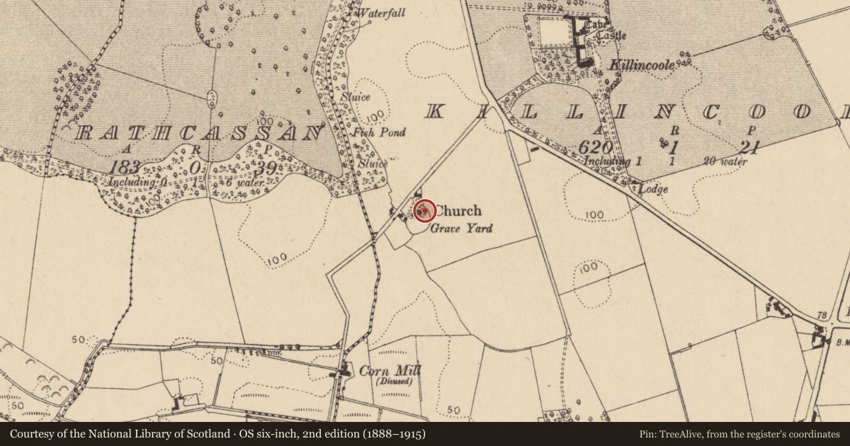 Ordnance Survey six-inch map, 2nd edition (1888–1915) covering the location of Bullaun stone, Killincoole, County Louth, with a pin at the register's coordinates