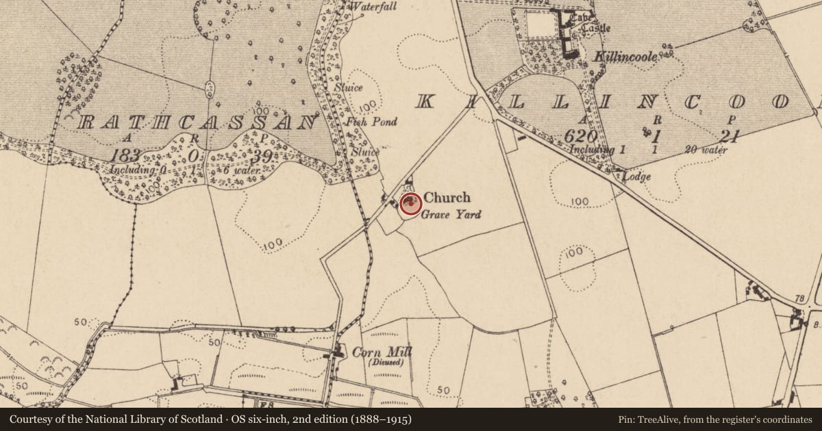 Ordnance Survey six-inch map, 2nd edition (1888–1915) covering the location of Graveyard, Killincoole, County Louth, with a pin at the register's coordinates