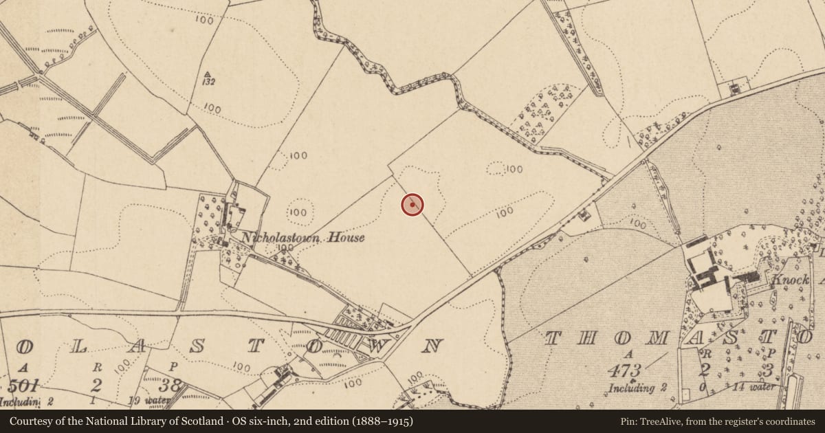 Ordnance Survey six-inch map, 2nd edition (1888–1915) covering the location of Earthwork, Nicholastown, County Louth, with a pin at the register's coordinates
