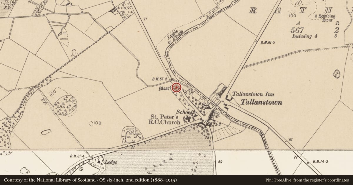 Ordnance Survey six-inch map, 2nd edition (1888–1915) covering the location of Souterrain, Louth Hall, County Louth, with a pin at the register's coordinates
