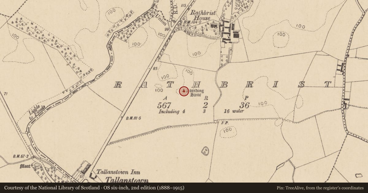 Ordnance Survey six-inch map, 2nd edition (1888–1915) covering the location of Standing stone, Rathbrist, County Louth, with a pin at the register's coordinates