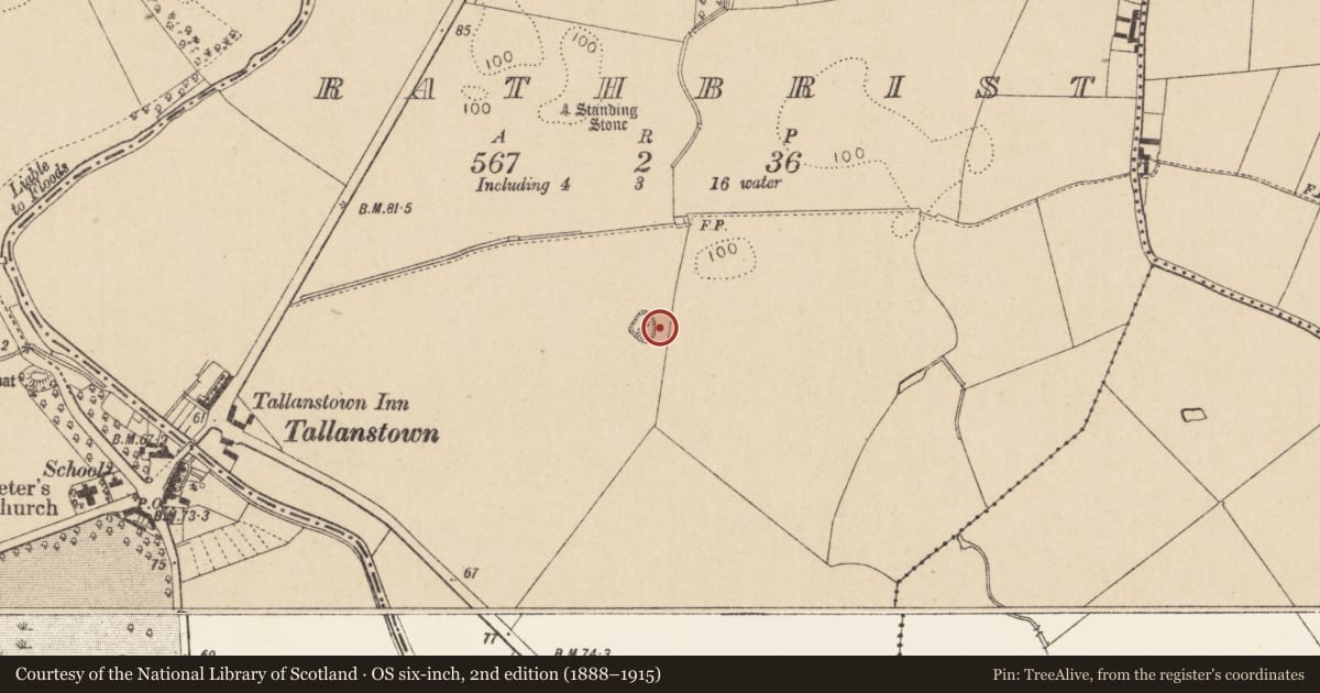 Ordnance Survey six-inch map, 2nd edition (1888–1915) covering the location of Hut site, Rathbrist, County Louth, with a pin at the register's coordinates