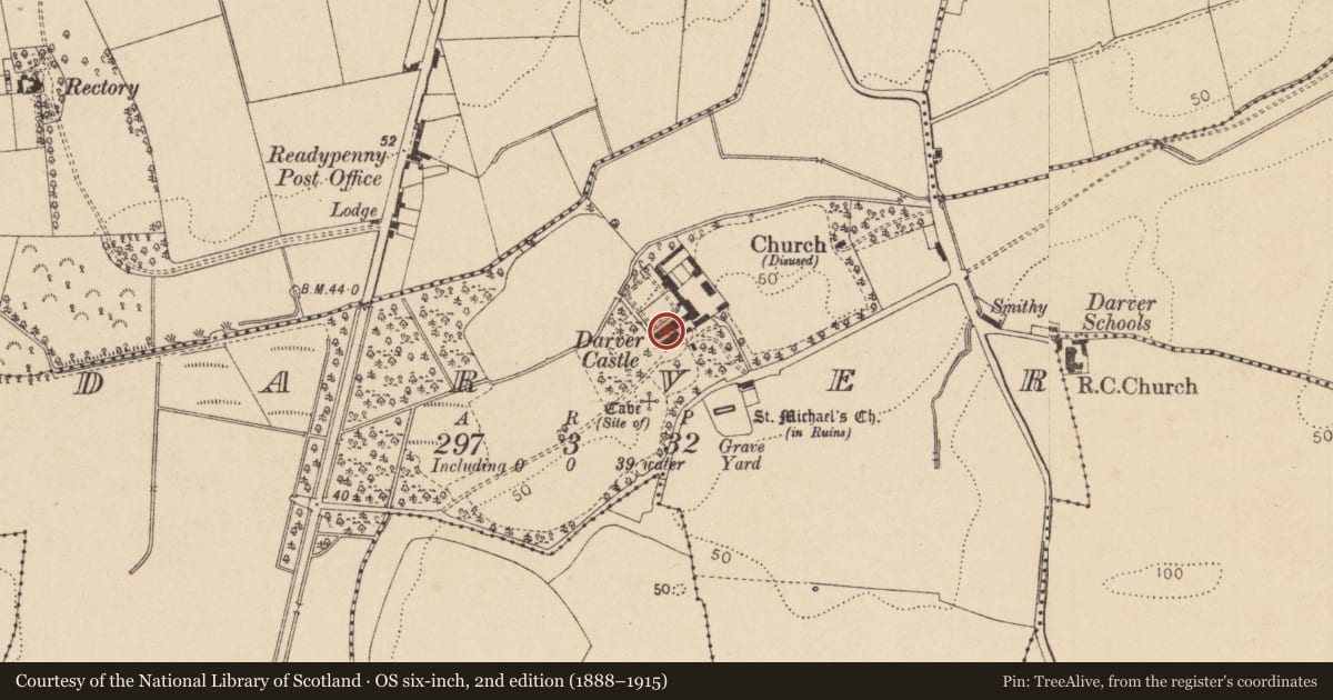 Ordnance Survey six-inch map, 2nd edition (1888–1915) covering the location of Castle - tower house, Darver, County Louth, with a pin at the register's coordinates