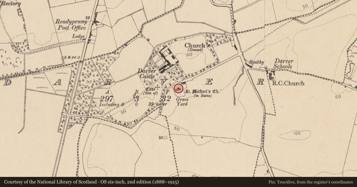 Ordnance Survey six-inch map, 2nd edition (1888–1915) covering the location of Church, Darver, County Louth, with a pin at the register's coordinates