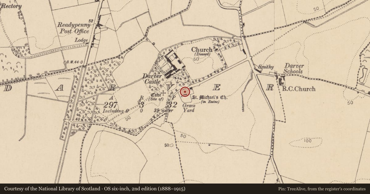 Ordnance Survey six-inch map, 2nd edition (1888–1915) covering the location of Graveyard, Darver, County Louth, with a pin at the register's coordinates
