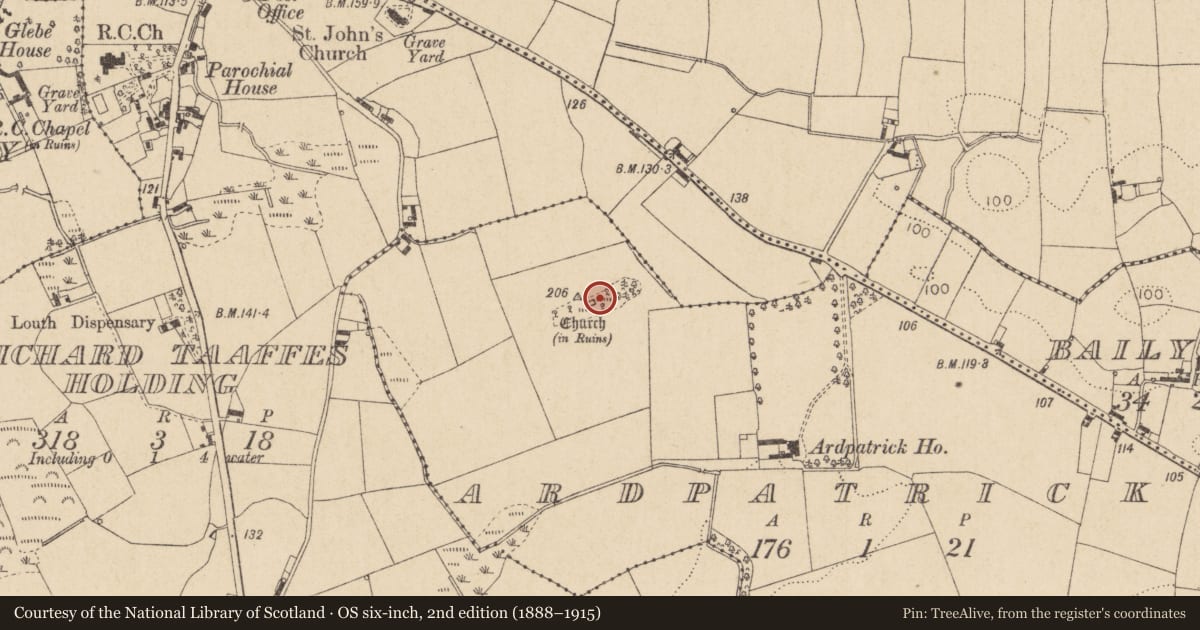 Ordnance Survey six-inch map, 2nd edition (1888–1915) covering the location of Church, Ardpatrick, County Louth, with a pin at the register's coordinates