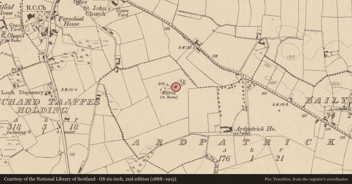 Ordnance Survey six-inch map, 2nd edition (1888–1915) covering the location of Graveyard, Ardpatrick, County Louth, with a pin at the register's coordinates