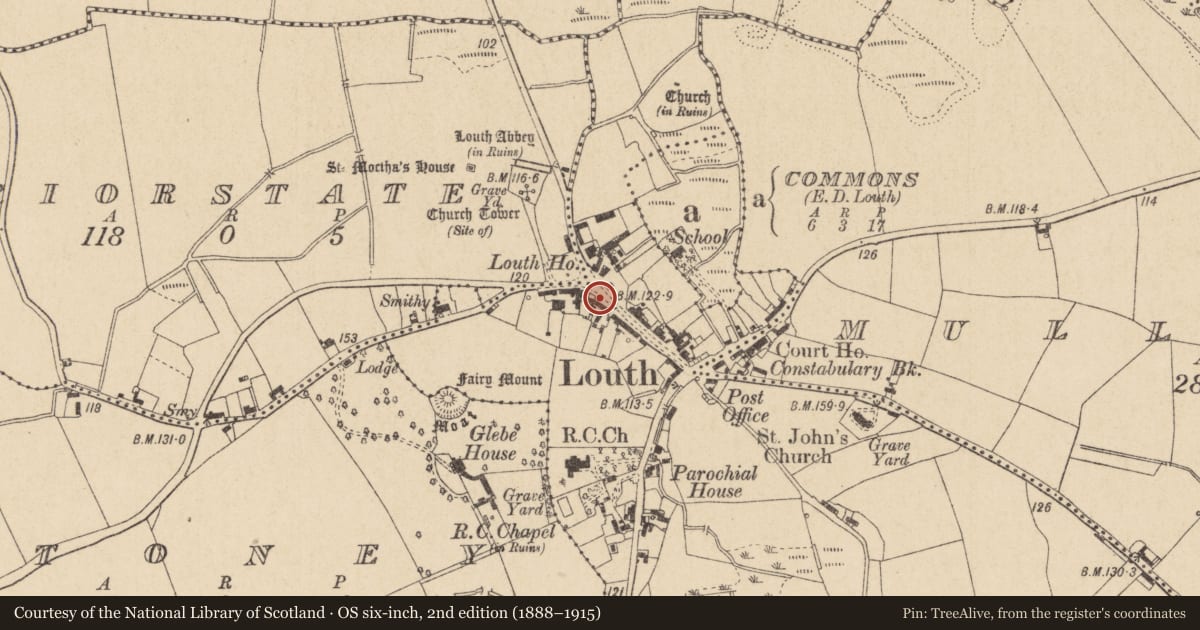 Ordnance Survey six-inch map, 2nd edition (1888–1915) covering the location of Historic town, County Louth, with a pin at the register's coordinates