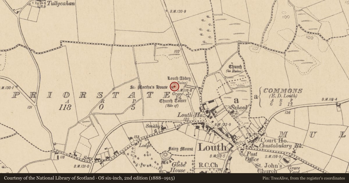 Ordnance Survey six-inch map, 2nd edition (1888–1915) covering the location of Church, Priorstate, County Louth, with a pin at the register's coordinates