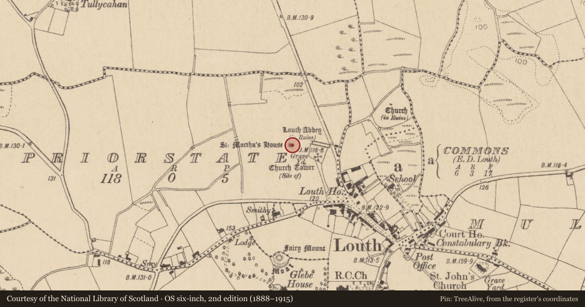 Ordnance Survey six-inch map, 2nd edition (1888–1915) covering the location of Cist, Priorstate, County Louth, with a pin at the register's coordinates