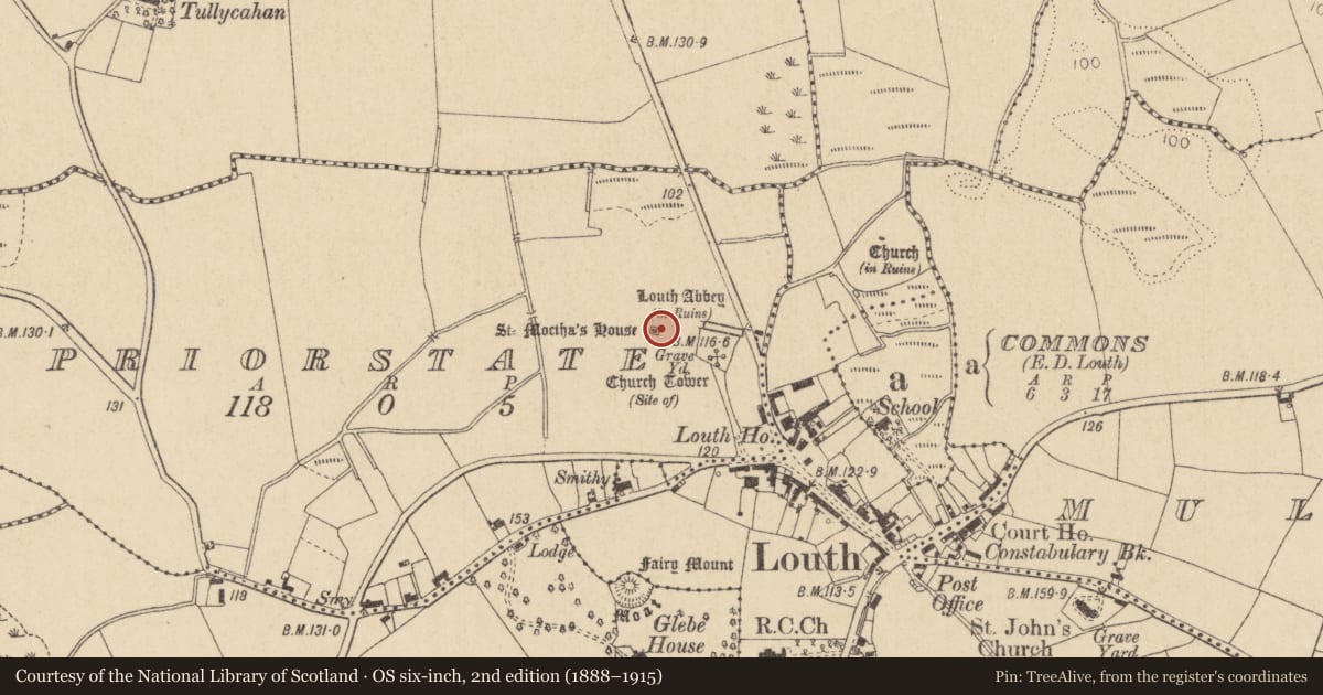 Ordnance Survey six-inch map, 2nd edition (1888–1915) covering the location of Architectural fragment, Priorstate, County Louth, with a pin at the register's coordinates