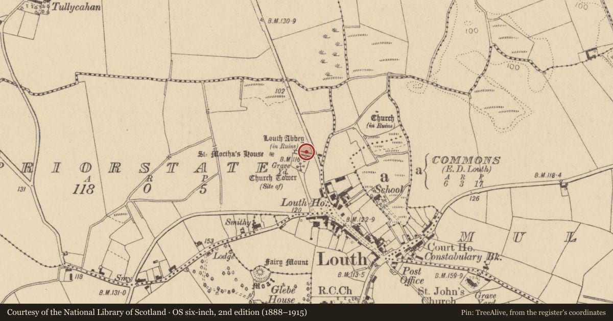 Ordnance Survey six-inch map, 2nd edition (1888–1915) covering the location of Religious house - Augustinian canons, Priorstate, County Louth, with a pin at the register's coordinates