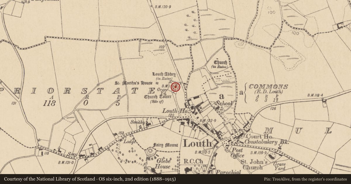 Ordnance Survey six-inch map, 2nd edition (1888–1915) covering the location of Graveyard, Priorstate, County Louth, with a pin at the register's coordinates