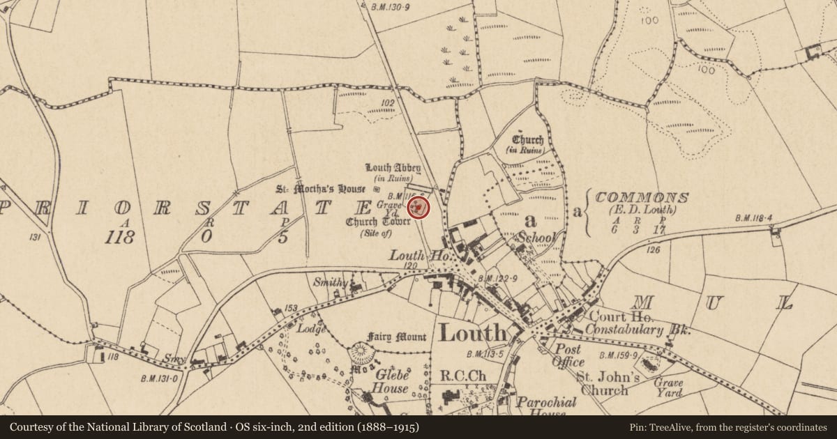 Ordnance Survey six-inch map, 2nd edition (1888–1915) covering the location of Round tower, Priorstate, County Louth, with a pin at the register's coordinates