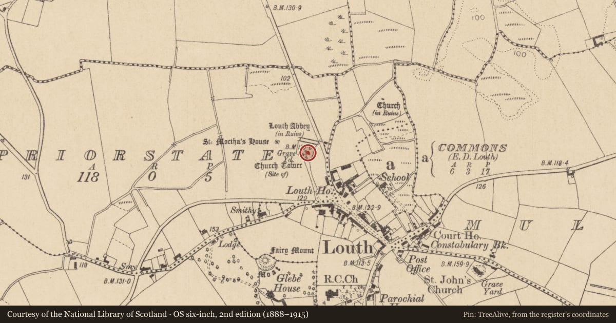Ordnance Survey six-inch map, 2nd edition (1888–1915) covering the location of Cross, Priorstate, County Louth, with a pin at the register's coordinates