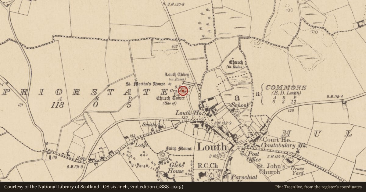 Ordnance Survey six-inch map, 2nd edition (1888–1915) covering the location of Architectural fragment, Priorstate, County Louth, with a pin at the register's coordinates