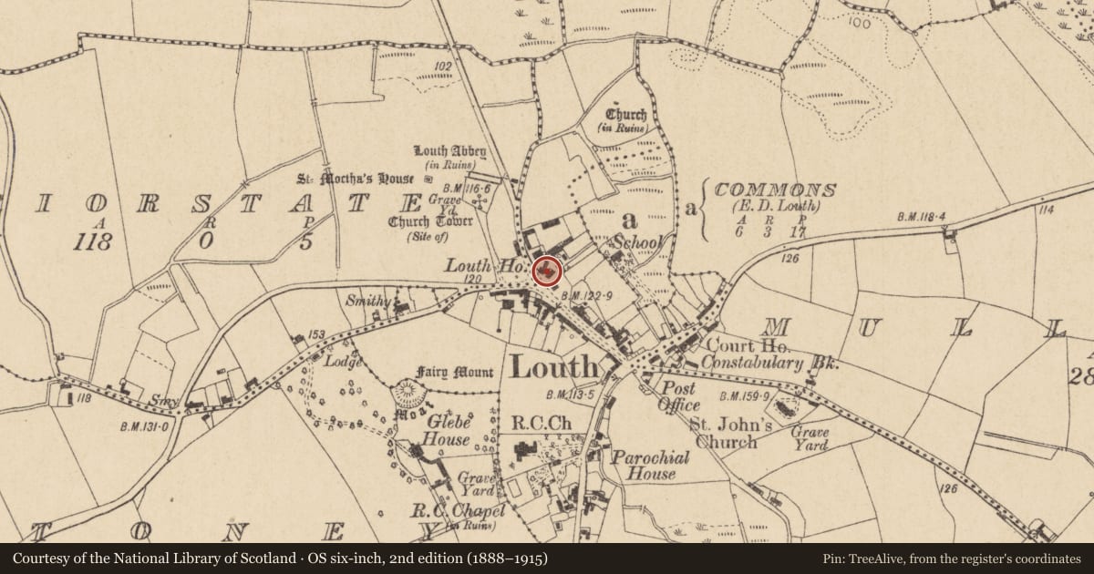 Ordnance Survey six-inch map, 2nd edition (1888–1915) covering the location of Font, Richard Taaffe'S Holding, County Louth, with a pin at the register's coordinates