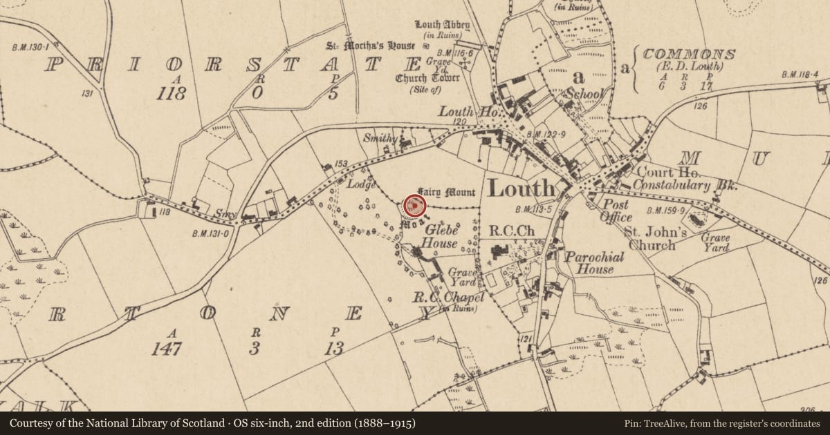 Ordnance Survey six-inch map, 2nd edition (1888–1915) covering the location of Castle - motte, Artoney, County Louth, with a pin at the register's coordinates