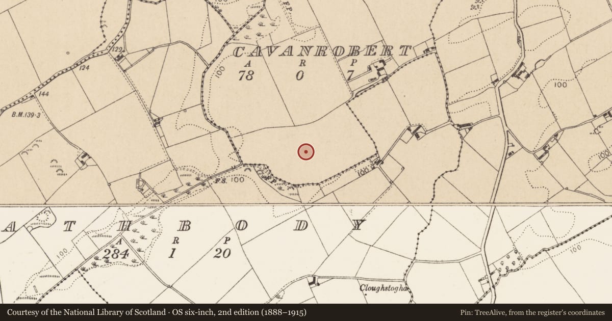 Ordnance Survey six-inch map, 2nd edition (1888–1915) covering the location of Enclosure, Cavanrobert, County Louth, with a pin at the register's coordinates