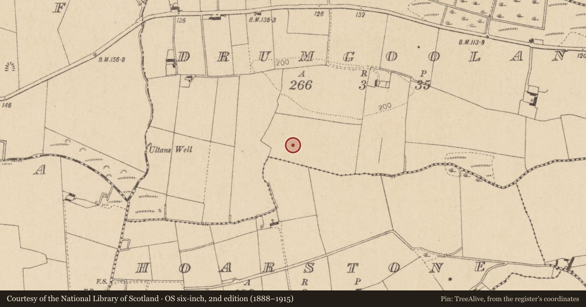 Ordnance Survey six-inch map, 2nd edition (1888–1915) covering the location of Enclosure, Drumgoolan, County Louth, with a pin at the register's coordinates