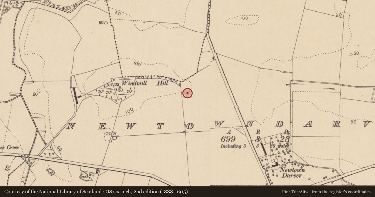 Ordnance Survey six-inch map, 2nd edition (1888–1915) covering the location of Enclosure, Newtowndarver, County Louth, with a pin at the register's coordinates