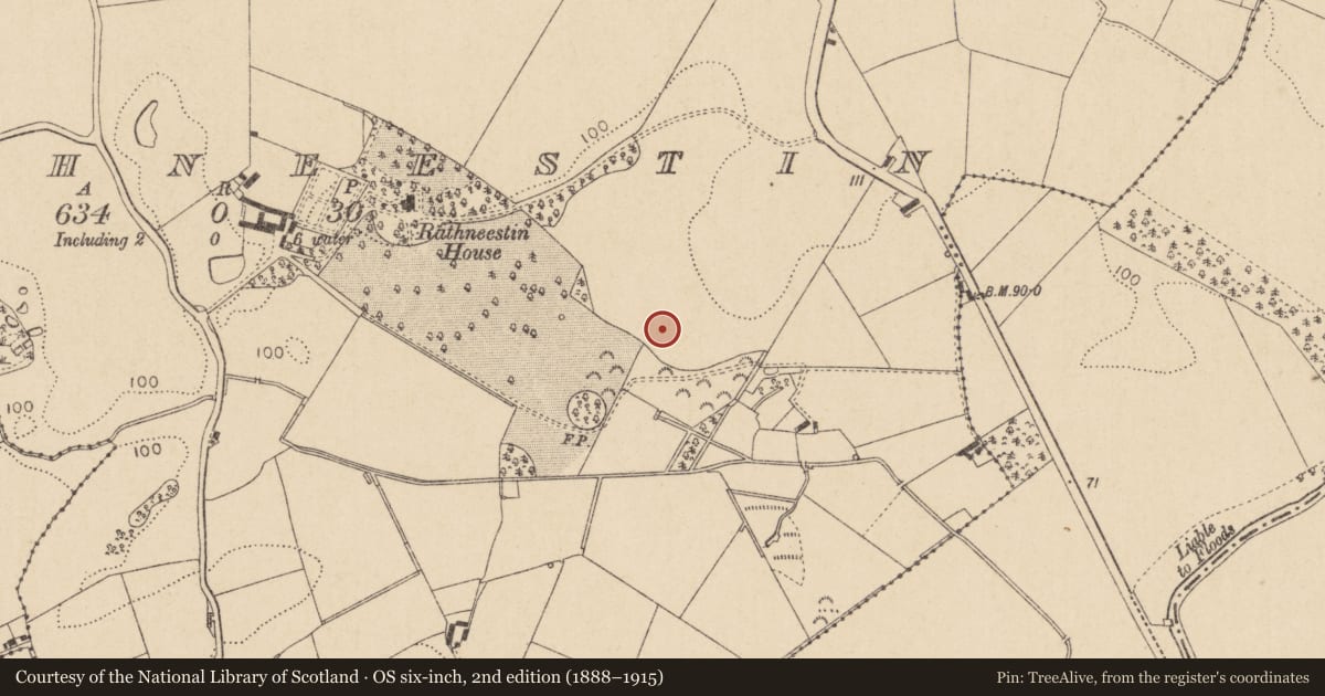 Ordnance Survey six-inch map, 2nd edition (1888–1915) covering the location of Enclosure, Rathneestin, County Louth, with a pin at the register's coordinates