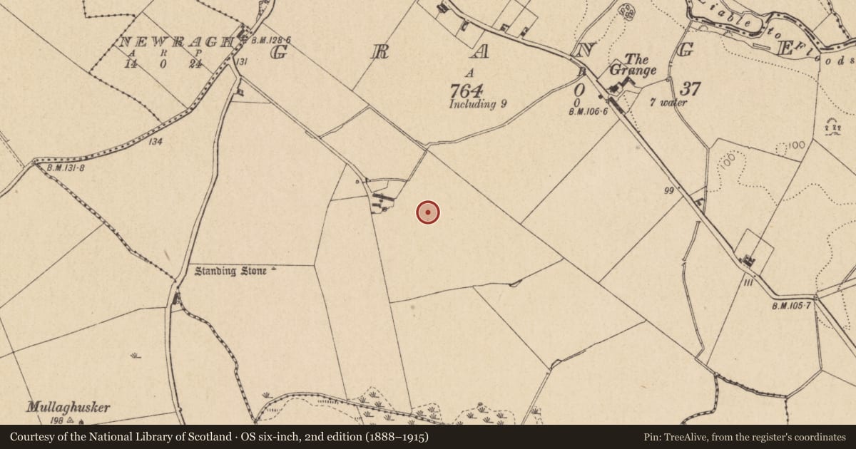 Ordnance Survey six-inch map, 2nd edition (1888–1915) covering the location of Ring-ditch, Grange, County Louth, with a pin at the register's coordinates