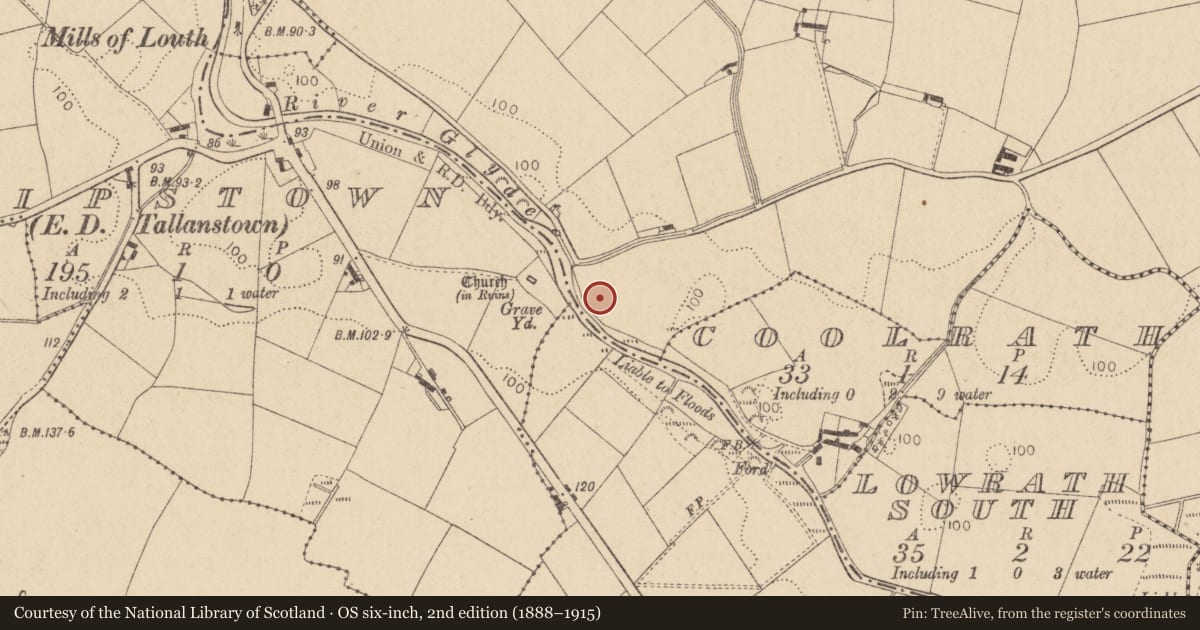 Ordnance Survey six-inch map, 2nd edition (1888–1915) covering the location of Souterrain, Lowrath North, County Louth, with a pin at the register's coordinates