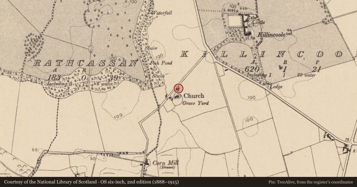 Ordnance Survey six-inch map, 2nd edition (1888–1915) covering the location of Souterrain, Killincoole, County Louth, with a pin at the register's coordinates
