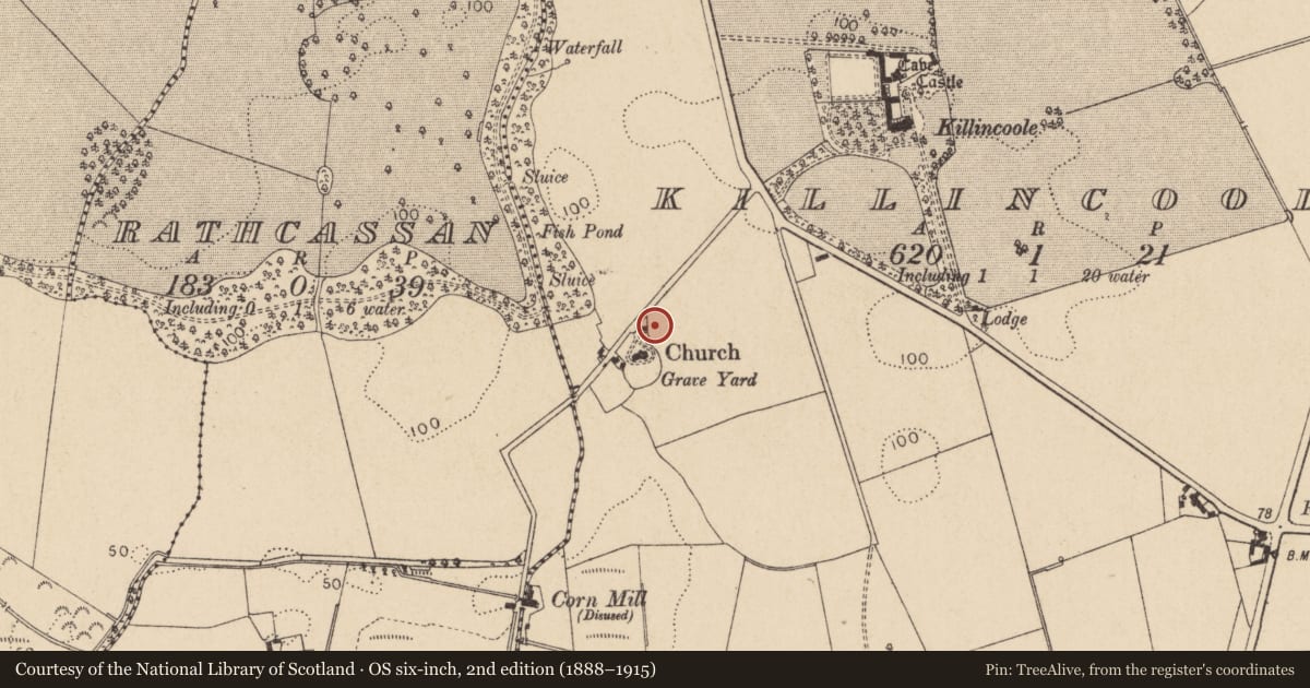 Ordnance Survey six-inch map, 2nd edition (1888–1915) covering the location of Souterrain, Killincoole, County Louth, with a pin at the register's coordinates