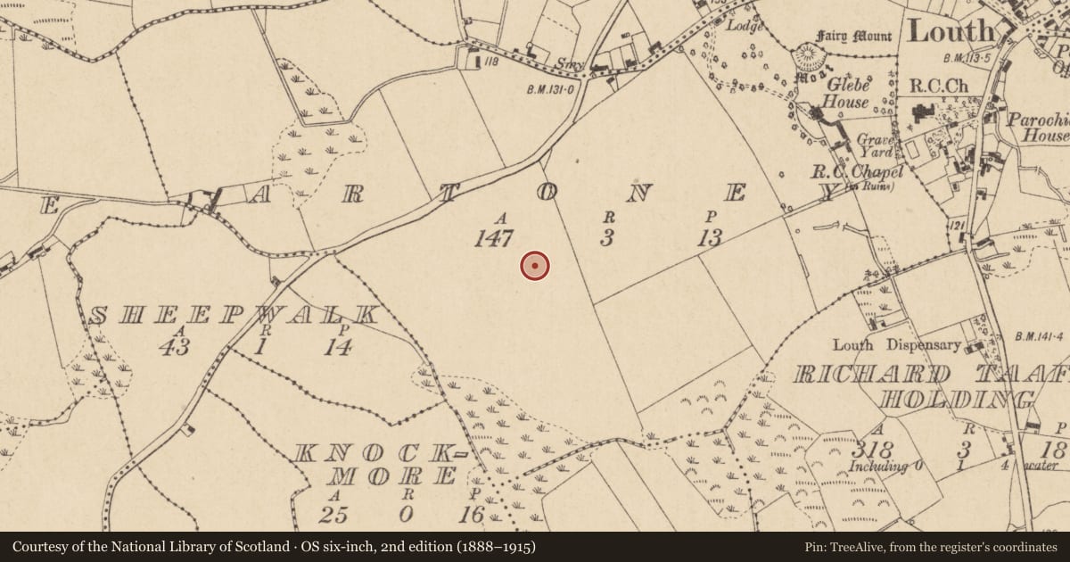 Ordnance Survey six-inch map, 2nd edition (1888–1915) covering the location of Enclosure, Artoney, County Louth, with a pin at the register's coordinates