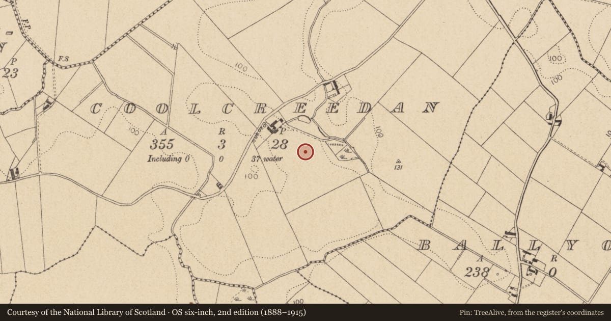 Ordnance Survey six-inch map, 2nd edition (1888–1915) covering the location of Enclosure, Coolcreedan, County Louth, with a pin at the register's coordinates