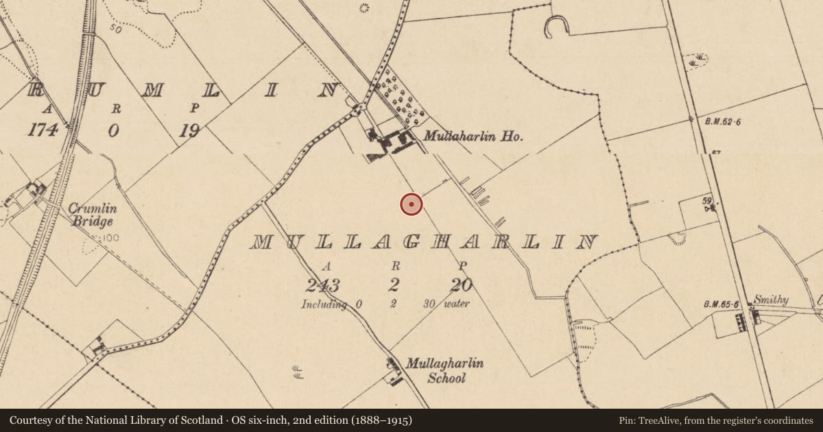 Ordnance Survey six-inch map, 2nd edition (1888–1915) covering the location of Enclosure, Mullagharlin, County Louth, with a pin at the register's coordinates