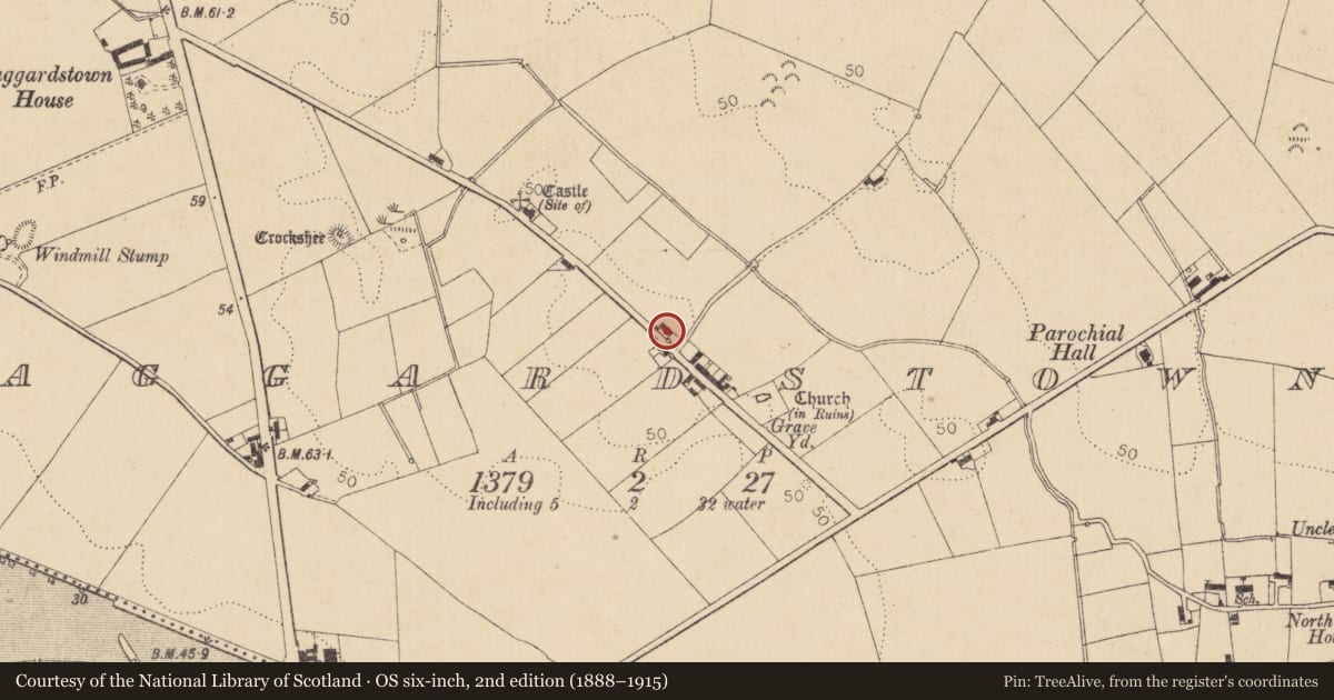 Ordnance Survey six-inch map, 2nd edition (1888–1915) covering the location of Castle - unclassified, Haggardstown, County Louth, with a pin at the register's coordinates
