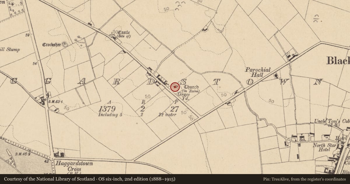 Ordnance Survey six-inch map, 2nd edition (1888–1915) covering the location of Church, Haggardstown, County Louth, with a pin at the register's coordinates