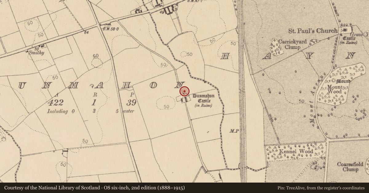 Ordnance Survey six-inch map, 2nd edition (1888–1915) covering the location of Souterrain, Dunmahon, County Louth, with a pin at the register's coordinates