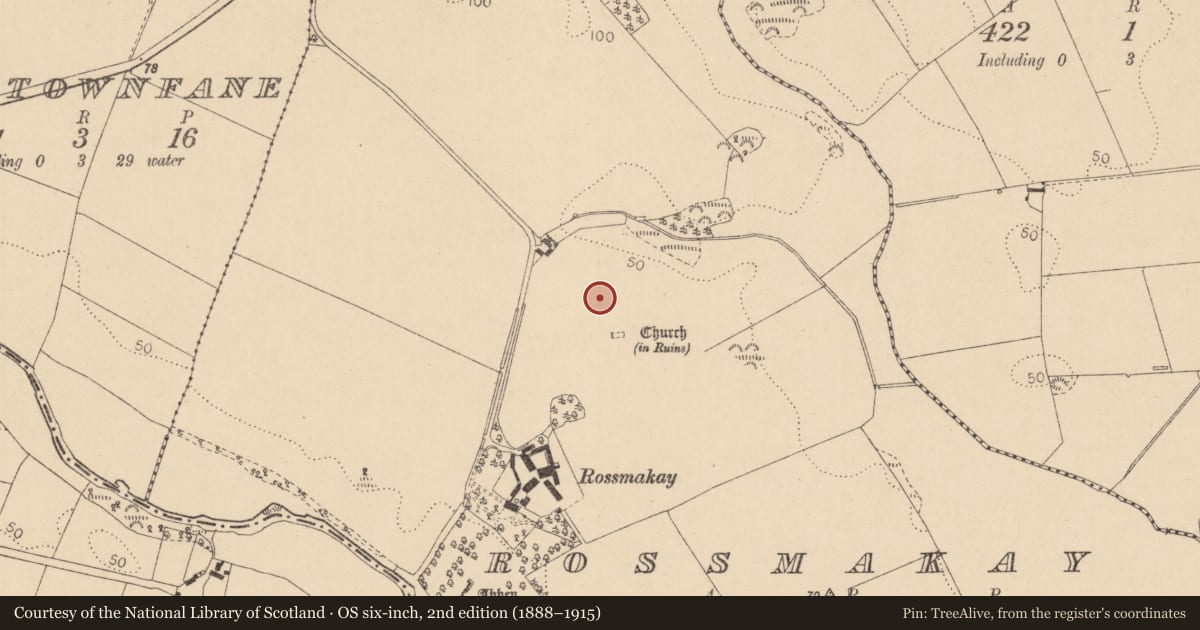 Ordnance Survey six-inch map, 2nd edition (1888–1915) covering the location of Slab-lined burial, Rossmakay, County Louth, with a pin at the register's coordinates