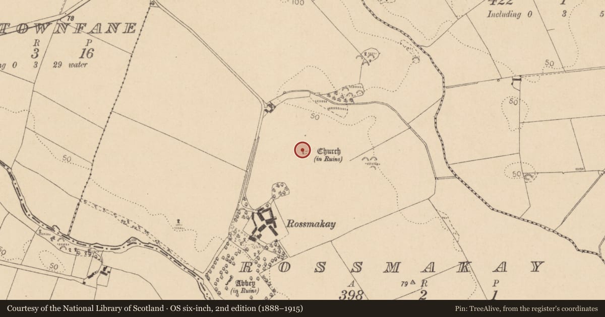 Ordnance Survey six-inch map, 2nd edition (1888–1915) covering the location of Church, Rossmakay, County Louth, with a pin at the register's coordinates