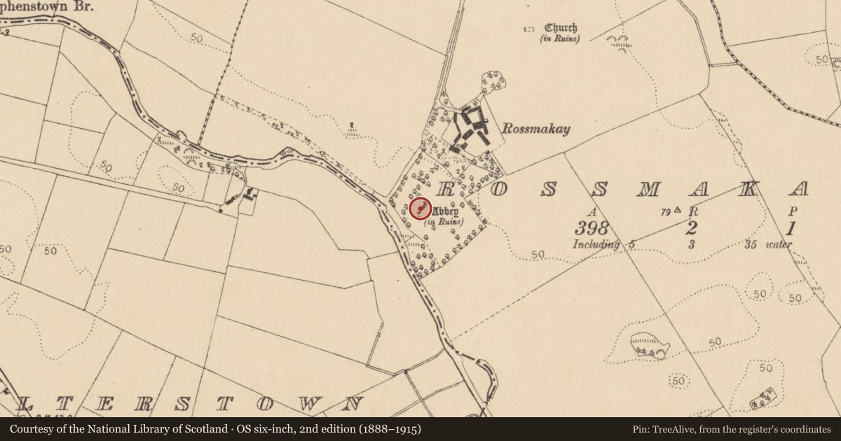 Ordnance Survey six-inch map, 2nd edition (1888–1915) covering the location of Religious house - Franciscan friars, Rossmakay, County Louth, with a pin at the register's coordinates