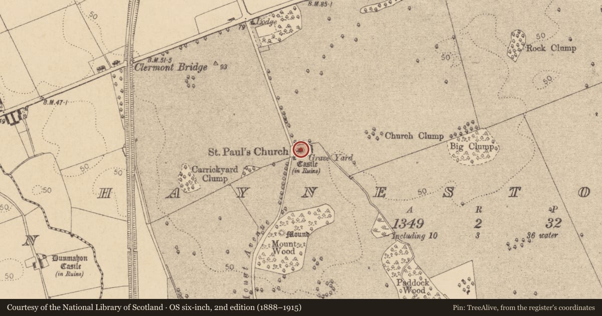 Ordnance Survey six-inch map, 2nd edition (1888–1915) covering the location of Church, Haynestown, County Louth, with a pin at the register's coordinates
