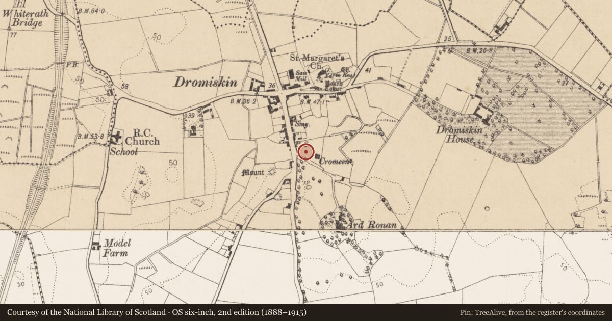 Ordnance Survey six-inch map, 2nd edition (1888–1915) covering the location of Souterrain, Dromiskin, County Louth, with a pin at the register's coordinates