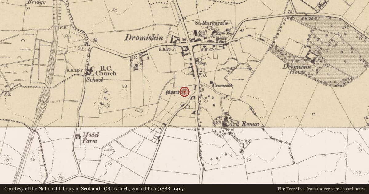 Ordnance Survey six-inch map, 2nd edition (1888–1915) covering the location of Souterrain, Dromiskin, County Louth, with a pin at the register's coordinates