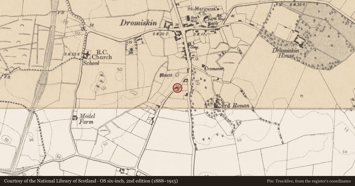 Ordnance Survey six-inch map, 2nd edition (1888–1915) covering the location of Souterrain, Dromiskin, County Louth, with a pin at the register's coordinates