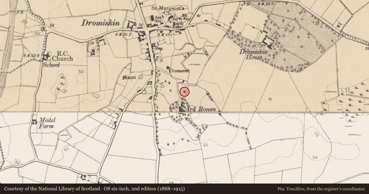 Ordnance Survey six-inch map, 2nd edition (1888–1915) covering the location of Souterrain, Dromiskin, County Louth, with a pin at the register's coordinates