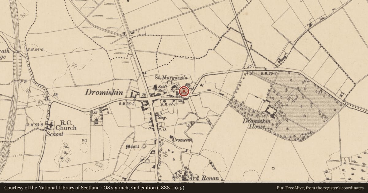 Ordnance Survey six-inch map, 2nd edition (1888–1915) covering the location of Church, Dromiskin, County Louth, with a pin at the register's coordinates