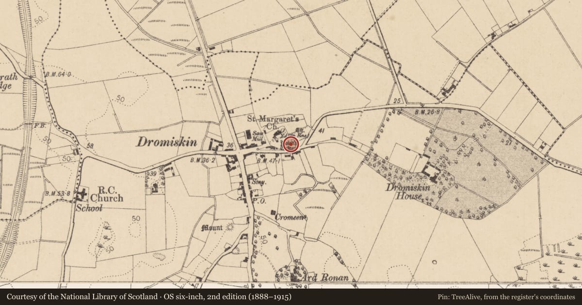 Ordnance Survey six-inch map, 2nd edition (1888–1915) covering the location of Graveyard, Dromiskin, County Louth, with a pin at the register's coordinates