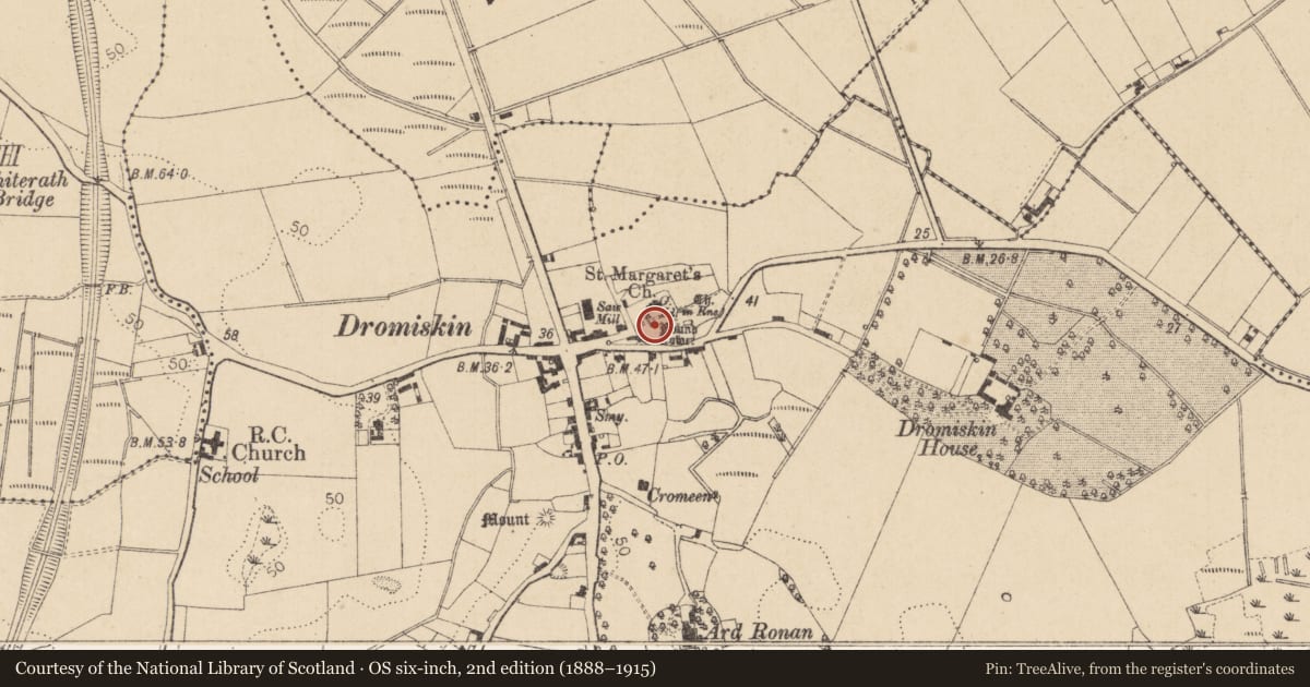 Ordnance Survey six-inch map, 2nd edition (1888–1915) covering the location of Round tower, Dromiskin, County Louth, with a pin at the register's coordinates