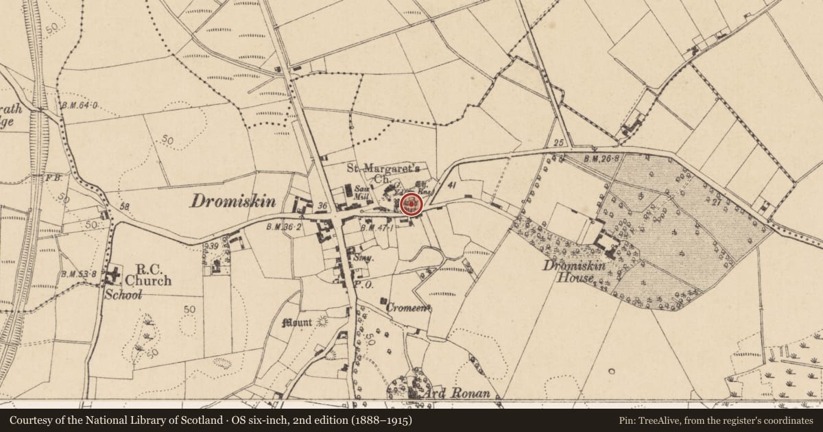 Ordnance Survey six-inch map, 2nd edition (1888–1915) covering the location of Cross - High cross, Dromiskin, County Louth, with a pin at the register's coordinates
