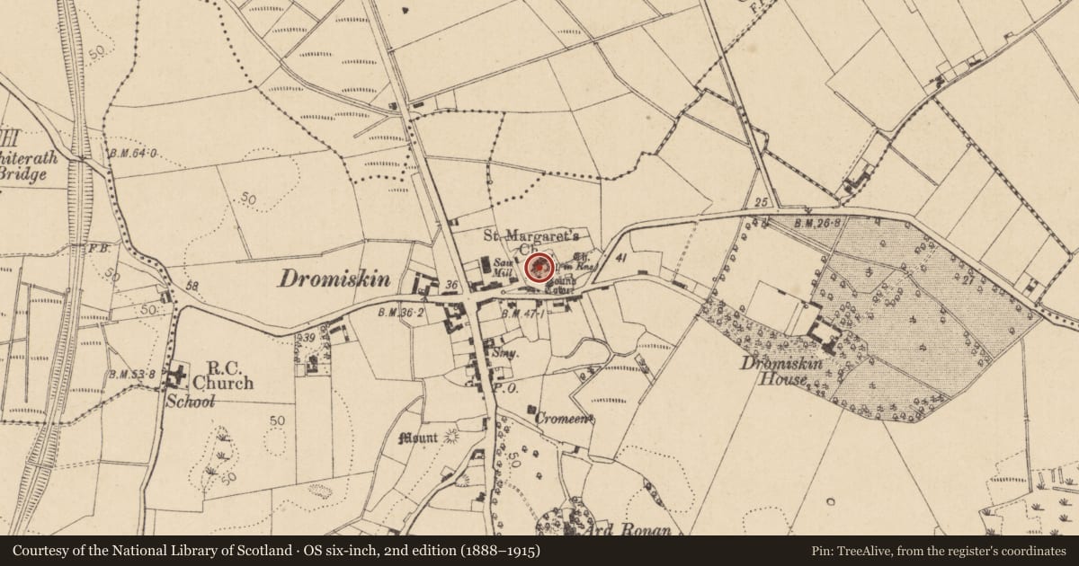 Ordnance Survey six-inch map, 2nd edition (1888–1915) covering the location of Architectural fragment, Dromiskin, County Louth, with a pin at the register's coordinates